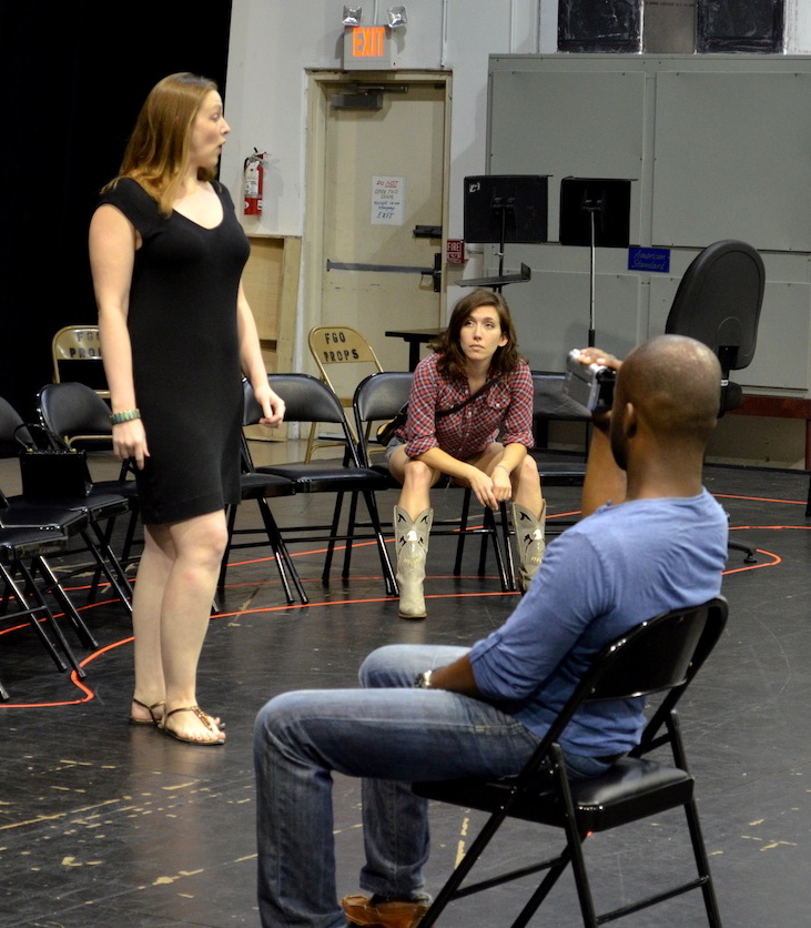 FGO Young Artists Riley Svatos (standing), Caitlin McKechney and Carlton Ford rehearse "No Exit."