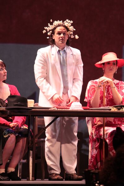 Matthew Maness in the title role and Jennifer Zamorano as Lady Billows (right) in Britten's "Albert Herring" at the Miami Summer Music Festival. 