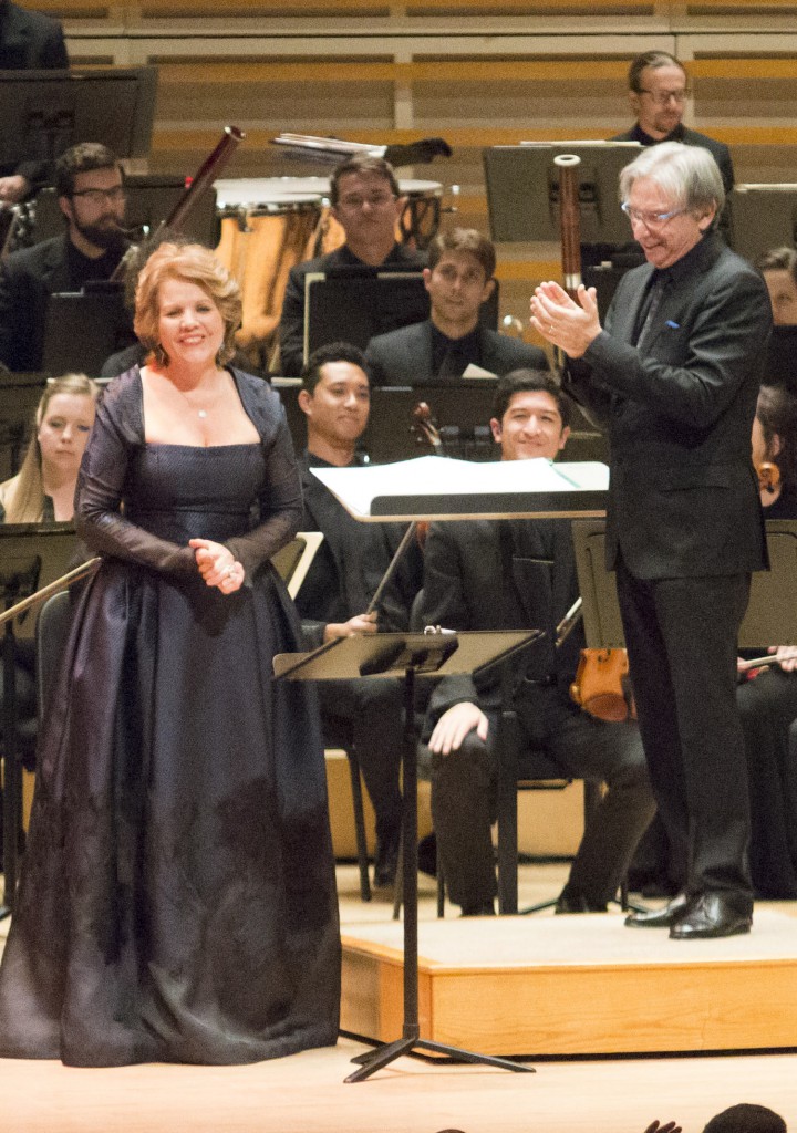 Michael Tilson Thomas applauds soloist Renee Fleming at the New World Symphony concert Saturday night at the Arsht Center. Photo: Altone Ponte