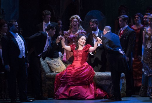 Kristina Mkhitaryan, center of attention as Violetta in Palm Beach Opera's "La Traviata." Photo: Bruce Bennett 